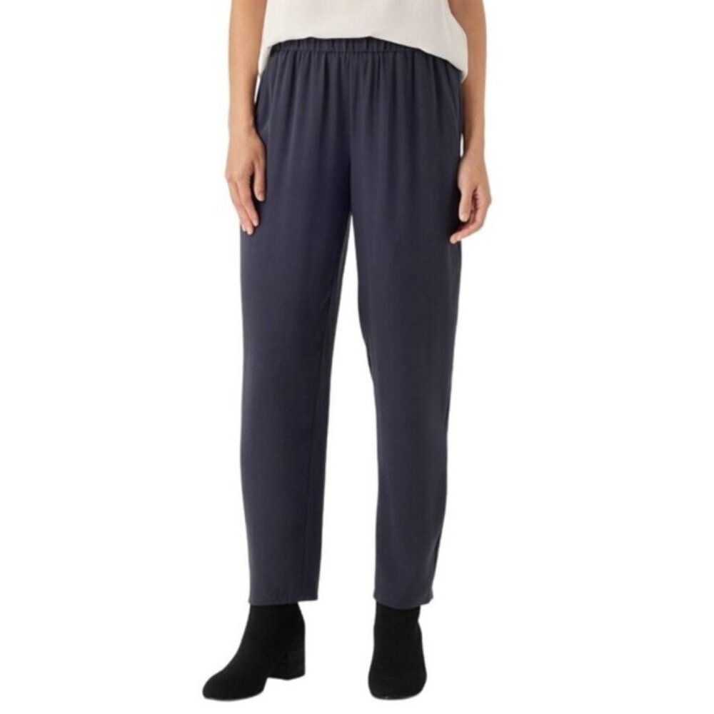 Eileen Fisher Woman Navy 100% Silk Georgette Crepe Slouchy Ankle Pants Size XXS